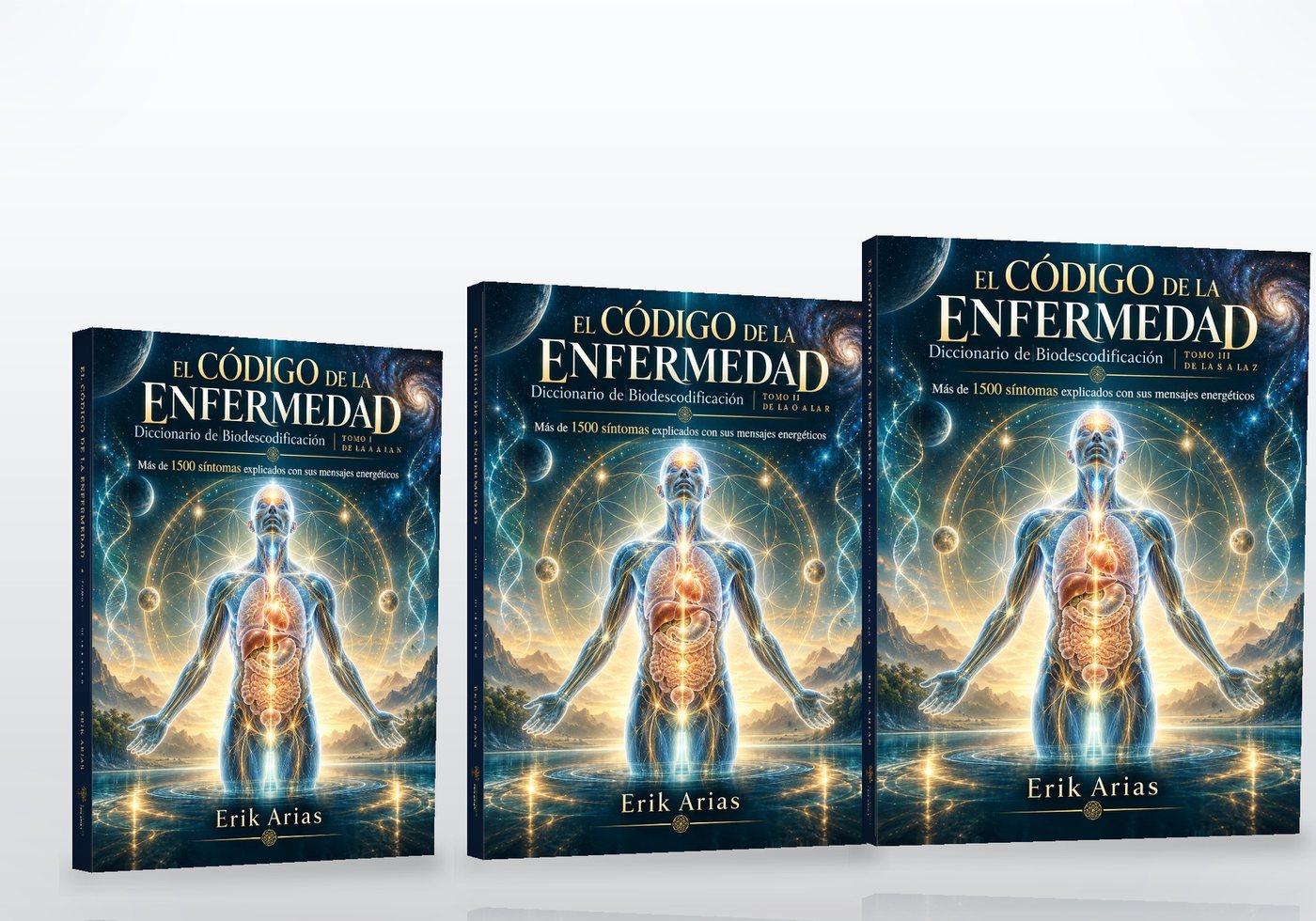 Los tres tomos impresos de pie, girados, con profundidad